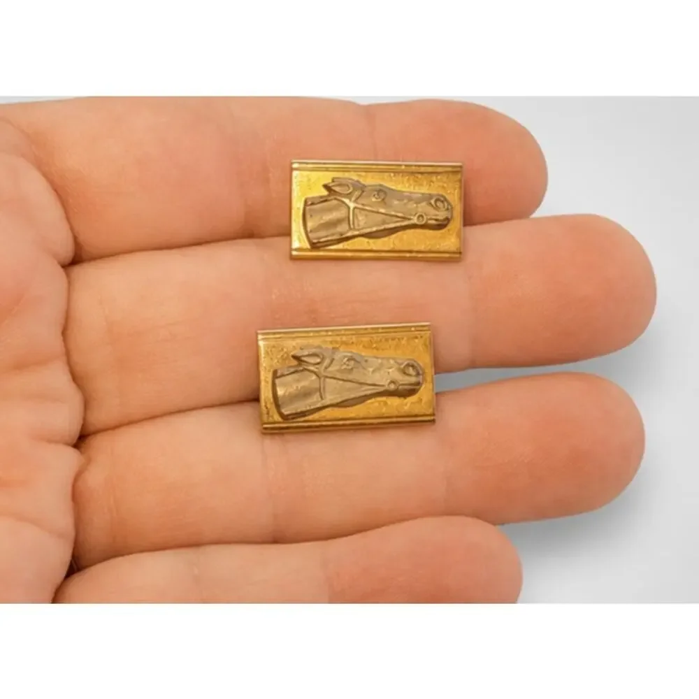 Vintage Swank Racing‎ Horse Head CuffLinks Gold-tone Silver-tone Cuff Links cl-